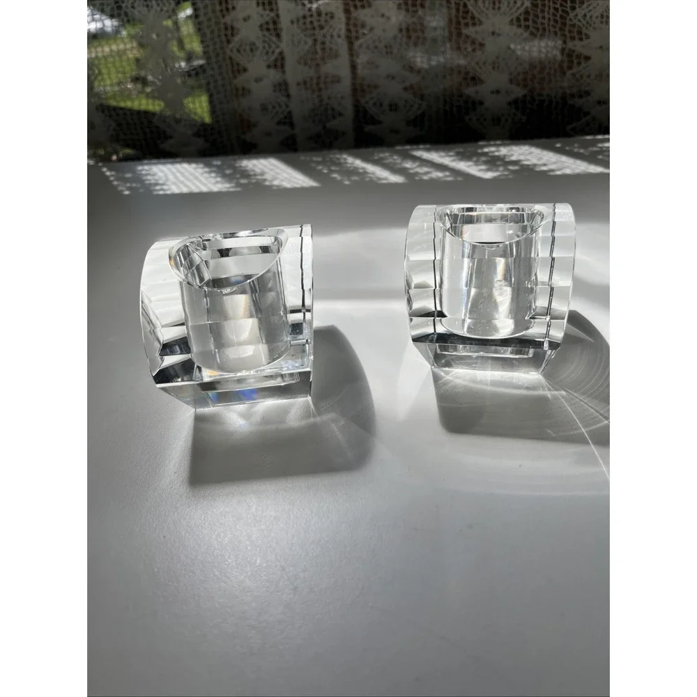 Vintage Oleg Cassini Crystal Cut Lotus Votive‎ Elegant Candle Holder Signed Set
